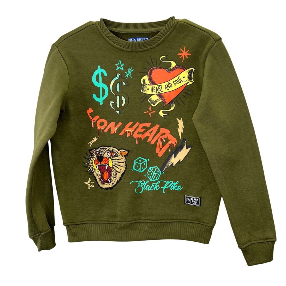 Black Pike Sweatshirt 10-12 Youth Heart and Soul Lion Heart Green Graphic 2014